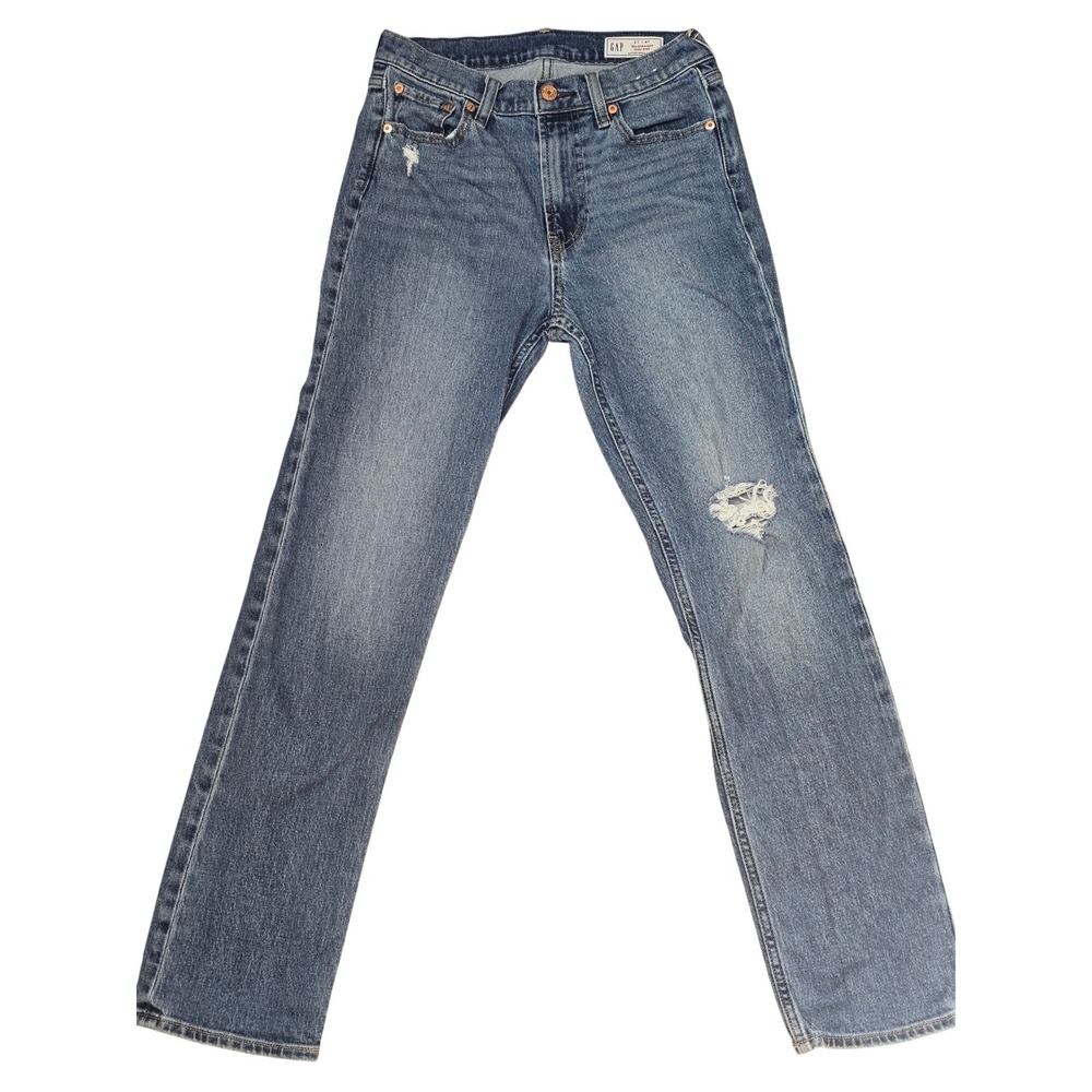 Gap 90s Straight High Rise Jeans Blue Medium Wash Distressed Denim 27 4R